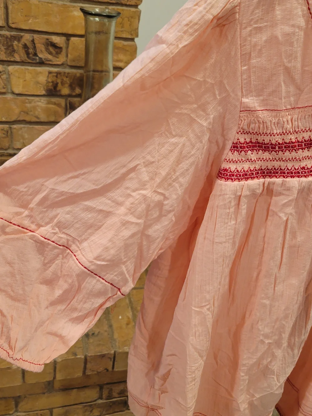 Free People Peach Pink Embroidered Peasant Blouse